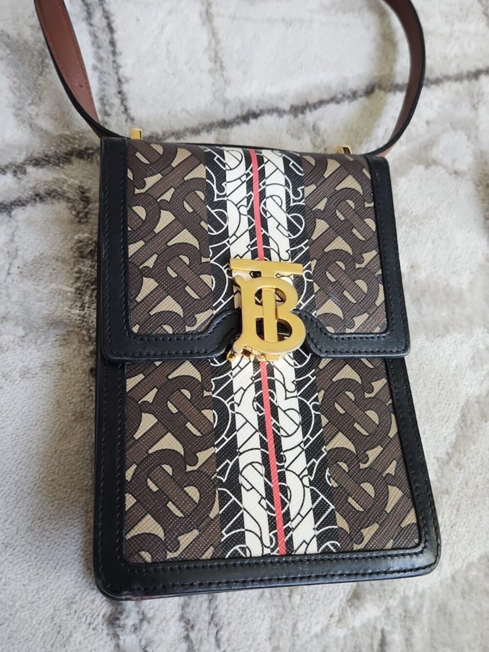 Burberry TB Monogram Crossbody Bag — Brown/Black — Gold TB Lock